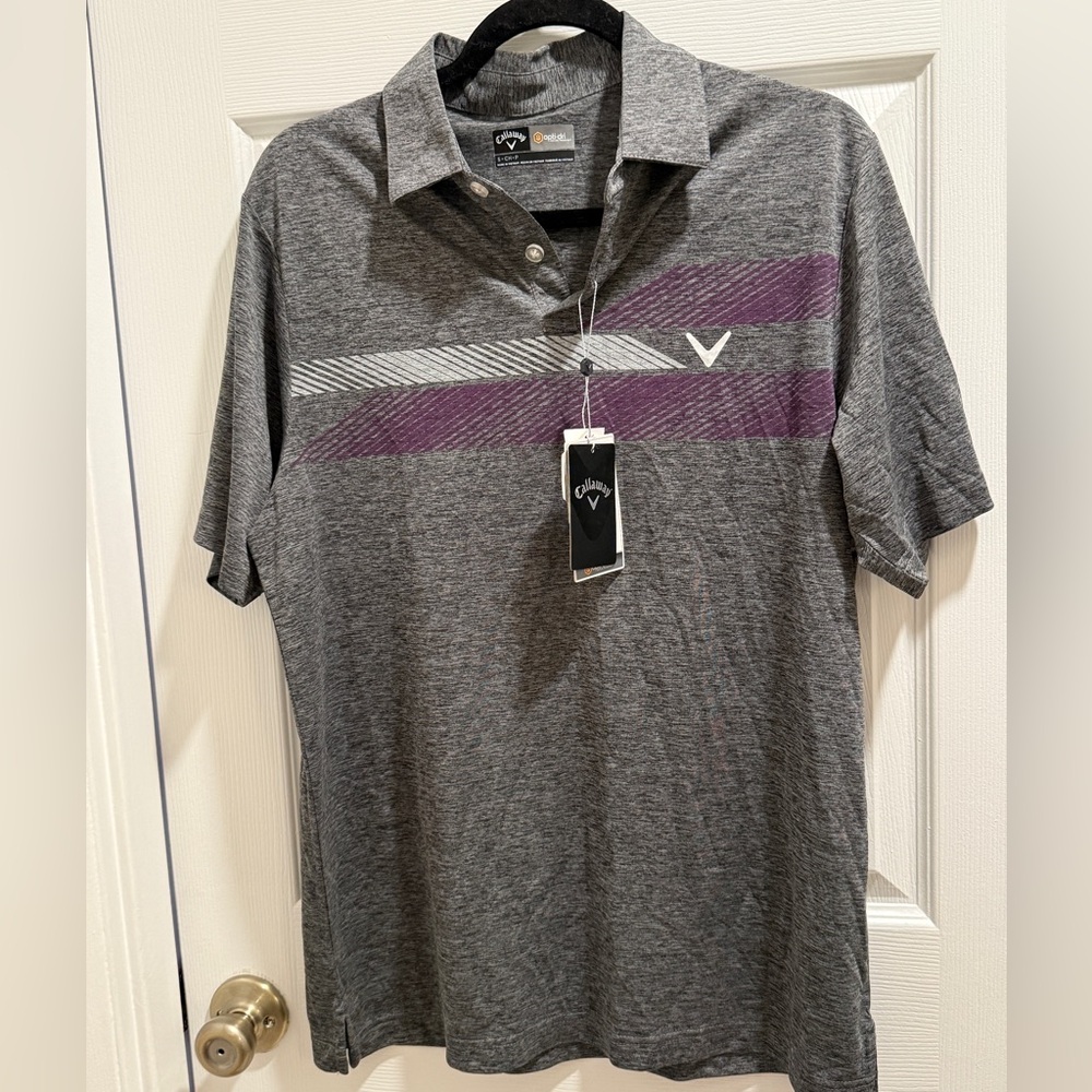 NWT Callaway Men's Polo Shirt in Gray with Purple Stripes Sz S